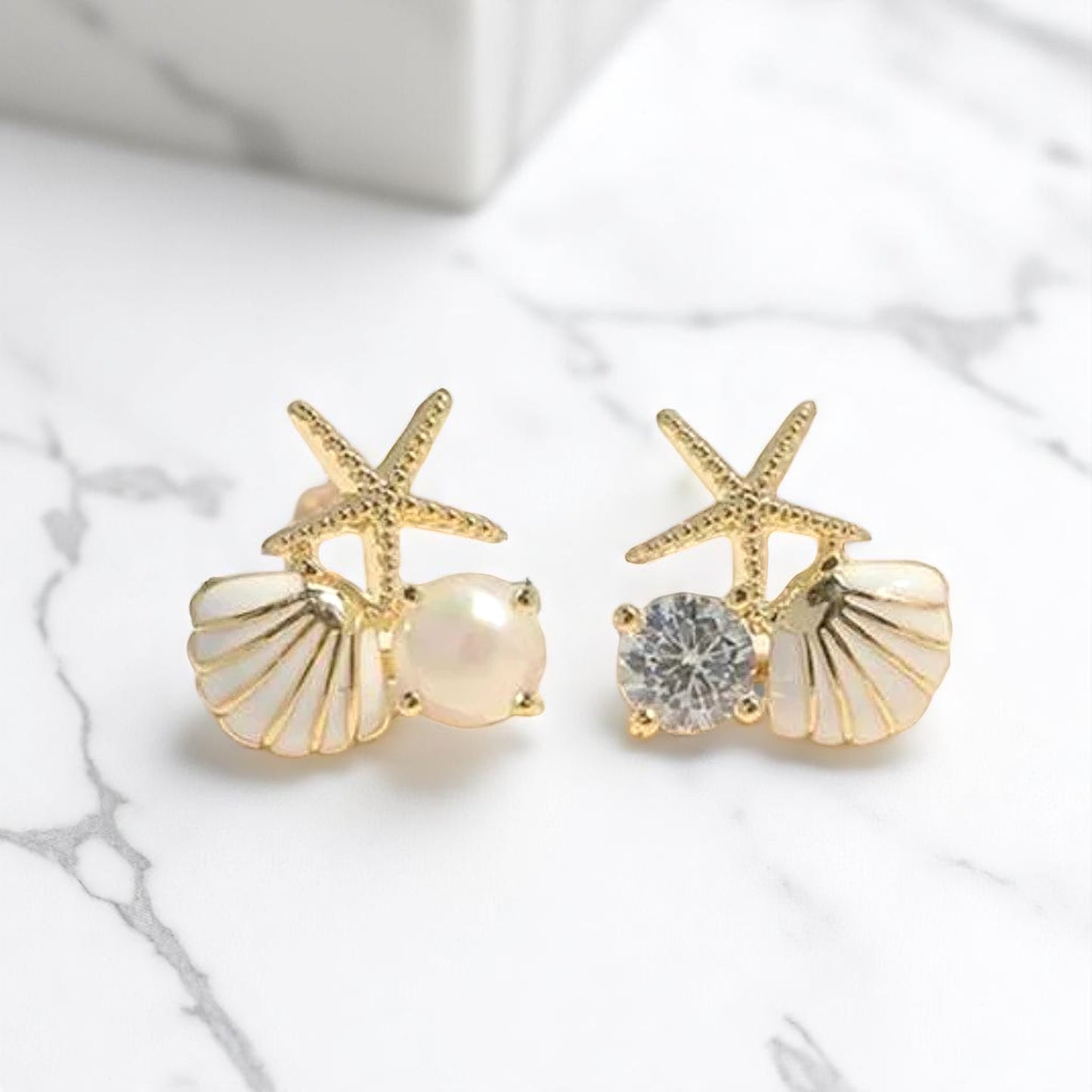 Seashell Sparkle: Pearl & Rhinestone Starfish Studs for Ocean Lovers!