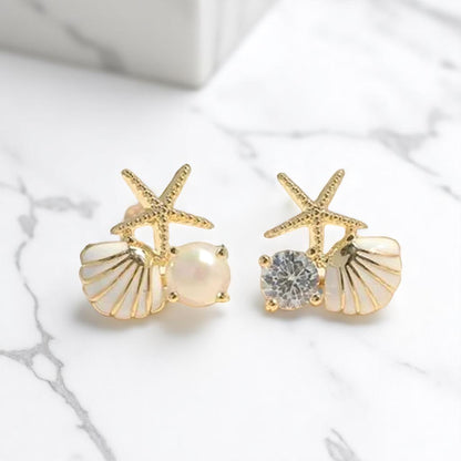 Seashell Sparkle: Pearl & Rhinestone Starfish Studs for Ocean Lovers!