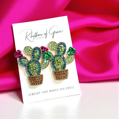 Bloom Boldly with These Rhinestone Cactus Earrings!🌵