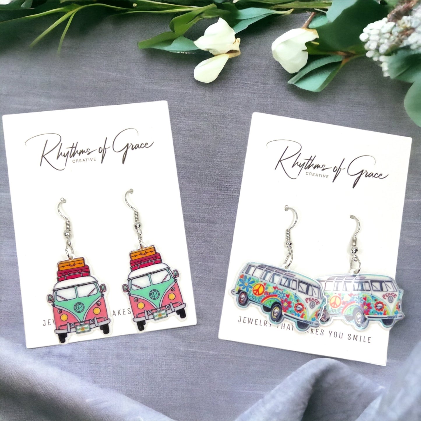 Hippie Van Earrings - Van Accessories, Roadtrip Earrings, Travel Accessories, Flower Power - Rhythms of Grace Creative
