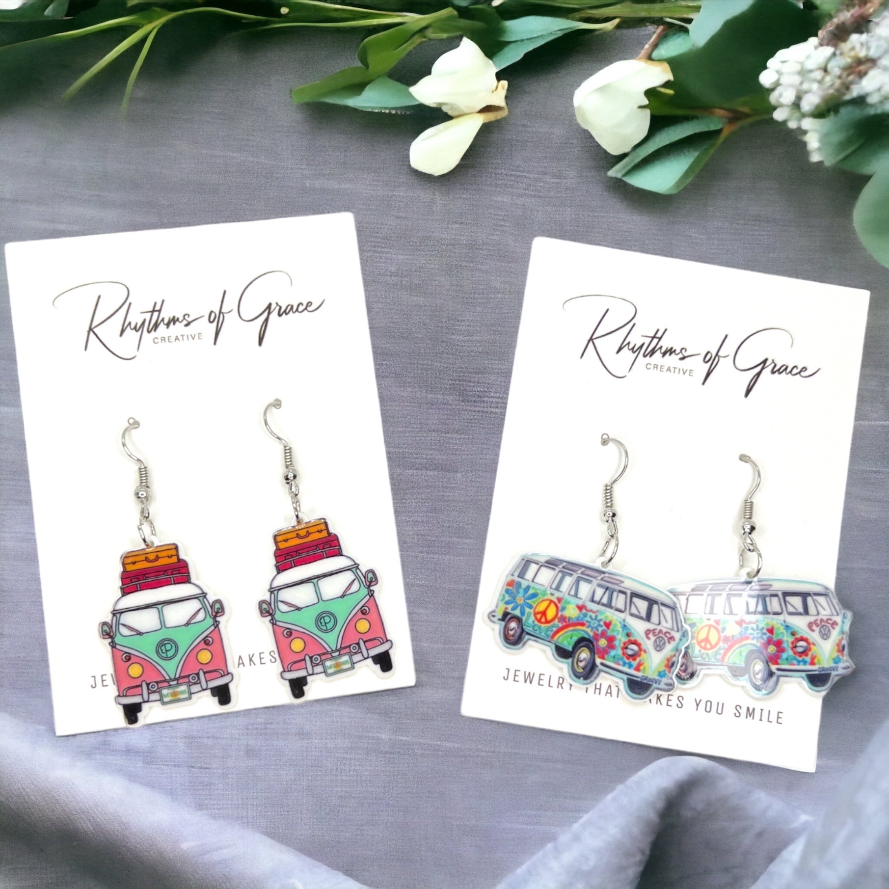 Hippie Van Earrings - Van Accessories, Roadtrip Earrings, Travel Accessories, Flower Power - Rhythms of Grace Creative