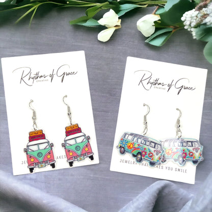 Hippie Van Earrings - Van Accessories, Roadtrip Earrings, Travel Accessories, Flower Power - Rhythms of Grace Creative