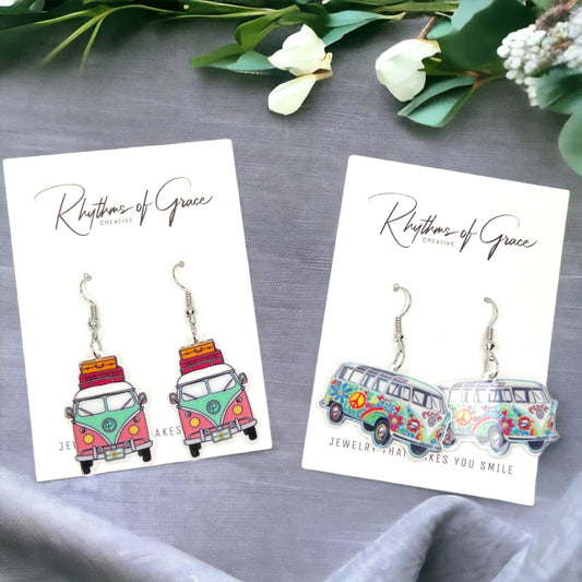 Hippie Van Earrings - Van Accessories, Roadtrip Earrings, Travel Accessories, Flower Power - Rhythms of Grace Creative