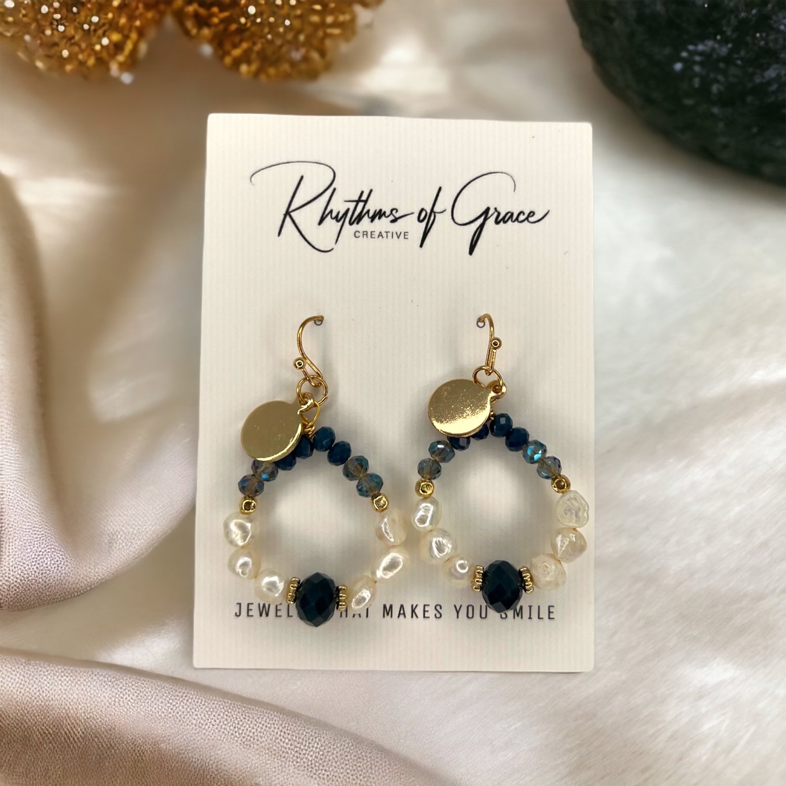Delicate Beaded Earrings - Delicate Earrings, Gold Earrings, Bead Earrings, Blue Stones, Black Stones, Topaz Earrings - Rhythms of Grace Creative