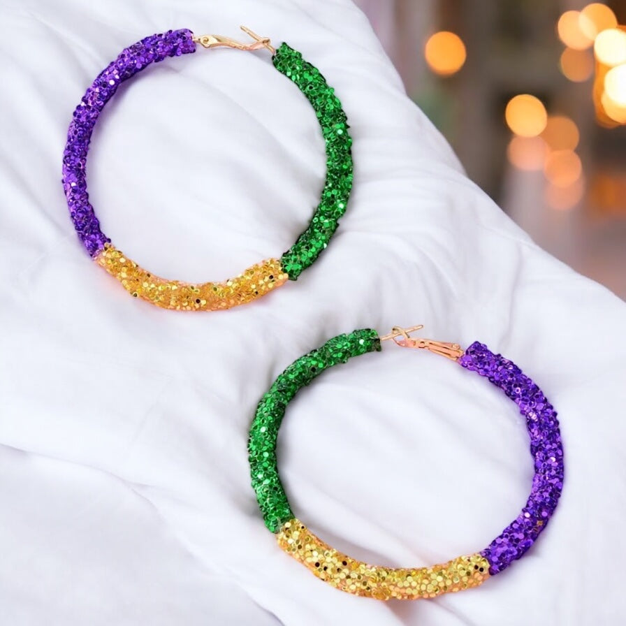 Sparkle & Celebrate: Mardi Gras Glitter Hoops for Your Festive Flair!