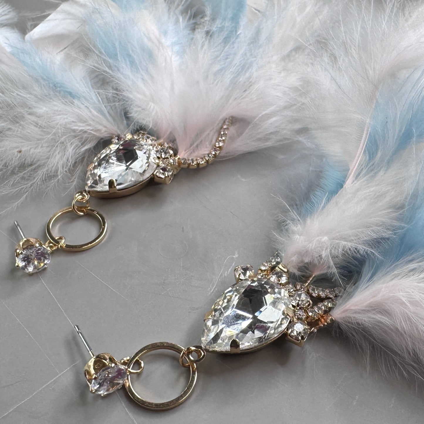 Dreamy Pink & Blue Feather Earrings – Rhinestone Dangles for Boho Queens