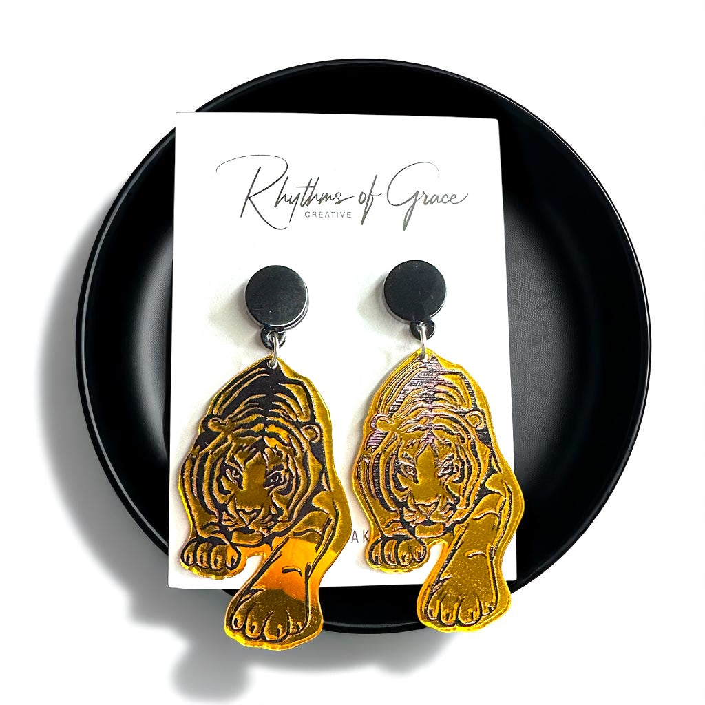 Fierce Tiger Earrings – Mirrored Acrylic Statement Dangles