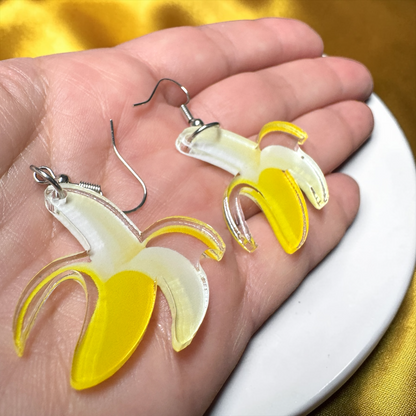 Clear Acrylic Banana Dangle Earrings | Double-Sided Peeled Banana Earrings | Savannah Bananas Inspired | Lightweight Fun Jewelry