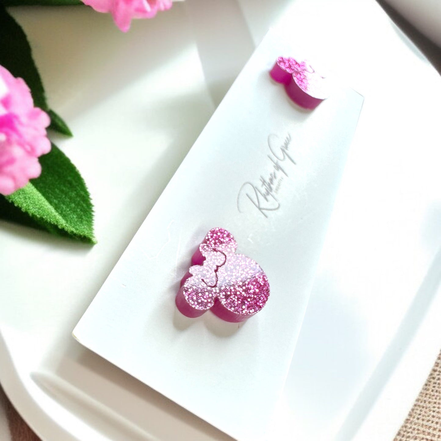Sparkle & Shine with Pink Glitter Mouse Ears Stud Earrings!