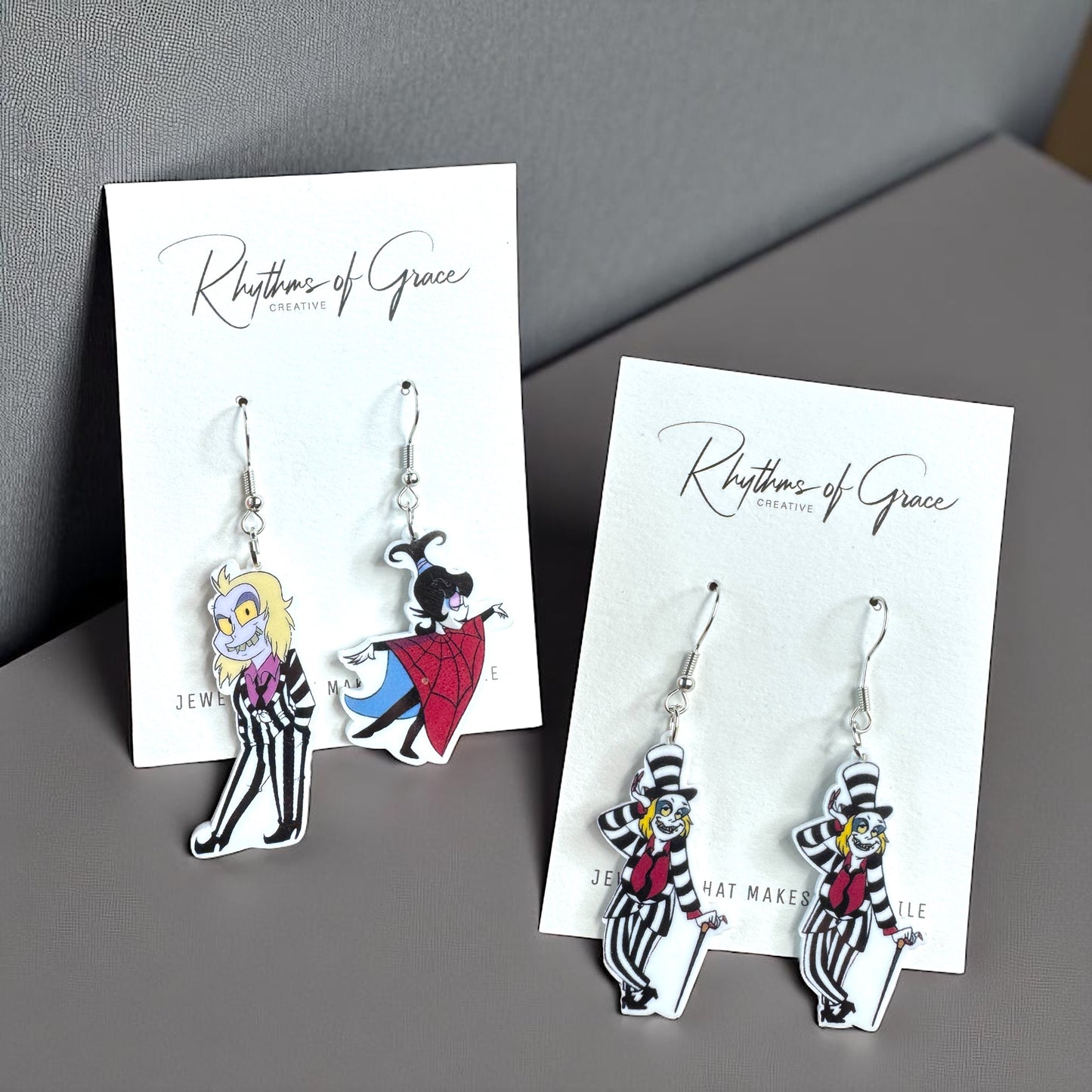 Beetlejuice, Beetlejuice, Beetlejuice: Spooky Chic Beetlejuice Dangle Earrings!