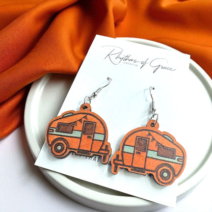 Happy Camper Vibes: Handmade Wooden Camper Dangle Earrings for Your Next Adventure