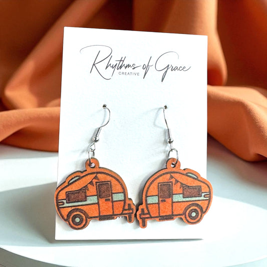 Happy Camper Vibes: Handmade Wooden Camper Dangle Earrings for Your Next Adventure