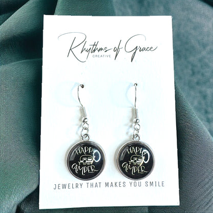 Embrace the Journey with "Happy Camper" Cabochon Dangle Earrings