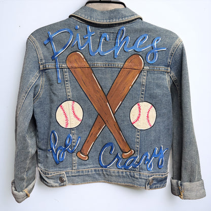 Pitches Be Crazy! Unique Hand-Painted Baseball Jean Jacket ⚾️
