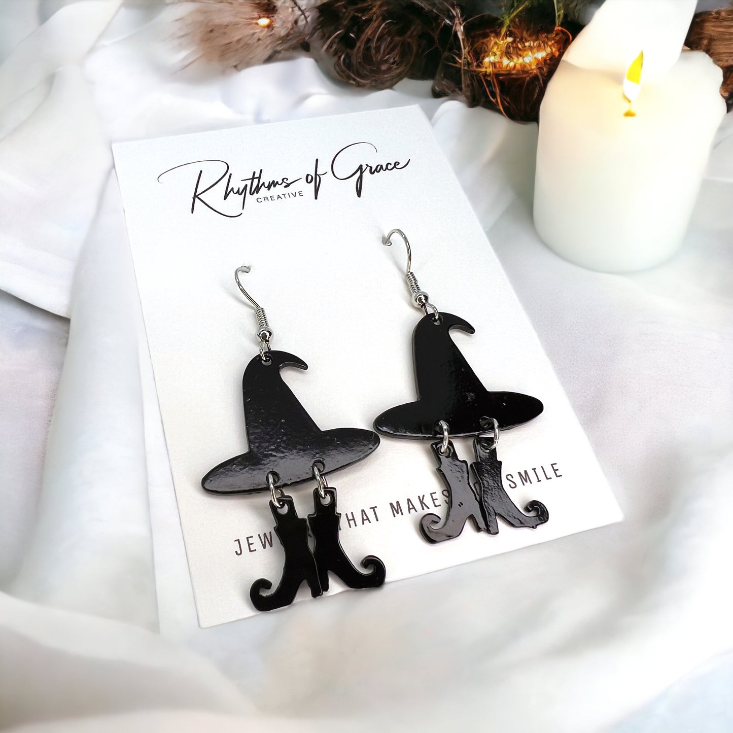 Witch Earrings - Halloween Earrings, Witch Hat, Witch Costume, Trick or Treat, Black Boots - Rhythms of Grace Creative