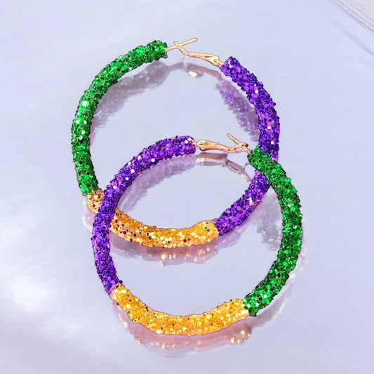 Sparkle & Celebrate: Mardi Gras Glitter Hoops for Your Festive Flair!