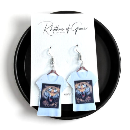 Tiger T-shirt Earrings - Tiger Earrings, Crazy Cat Lady, Tigers Football, Animal Lover, Vet Tech, Veterinarian Gift, Fur Mom, Tiger Shirt - Rhythms of Grace Creative