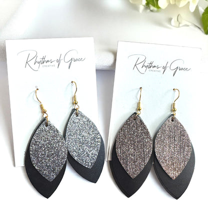 Spark Up Your Style: Chic Black Layered Leather Earrings - Gold or Silver Accent!