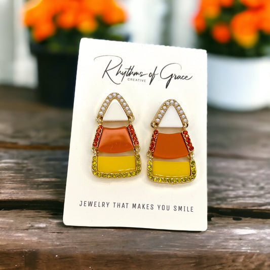 Candycorn Earrings - Halloween Earrings, Candy Earrings, Halloween Accessories, Halloween Earrings, Rhinestone Earrings, Halloween Accessories, Candy Corn - Rhythms of Grace Creative