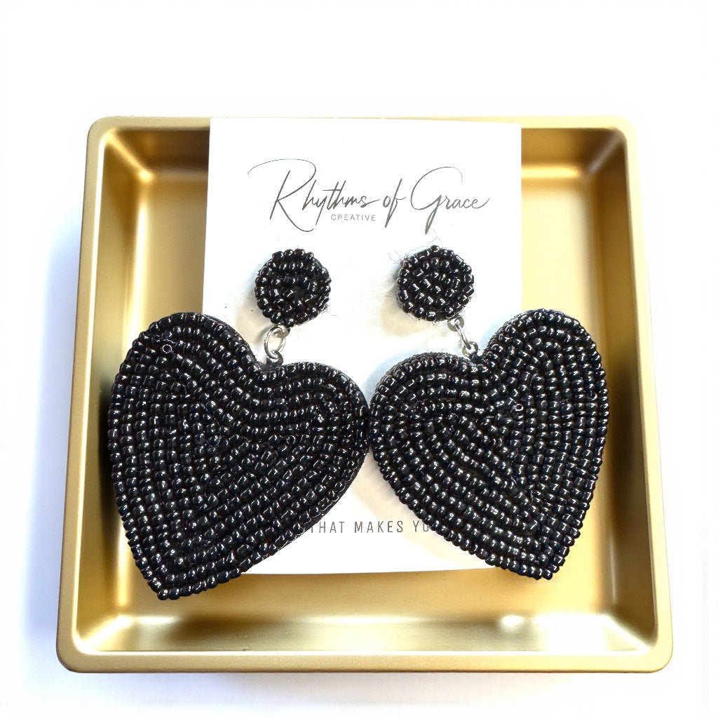 Heartfelt Dangles: Choose Your Vibe with Red or Black Beaded Heart Earrings!