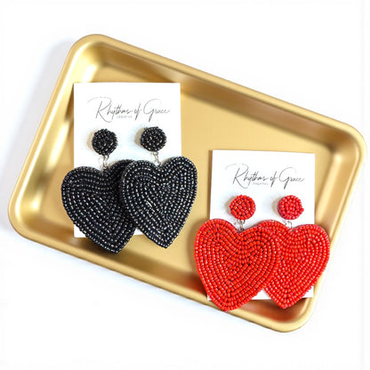Heartfelt Dangles: Choose Your Vibe with Red or Black Beaded Heart Earrings!