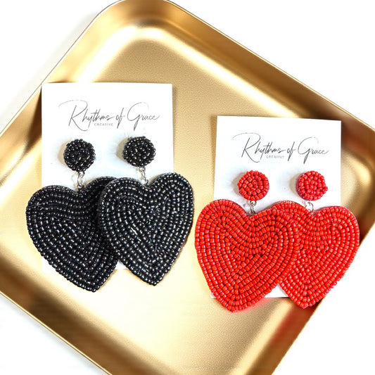 Heartfelt Dangles: Choose Your Vibe with Red or Black Beaded Heart Earrings!