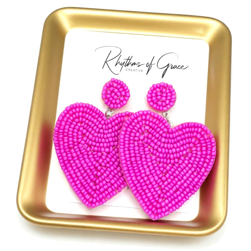 Love at First Dangle: Oversized Hot Pink Heart Beaded Earrings! - Rhythms of Grace Creative