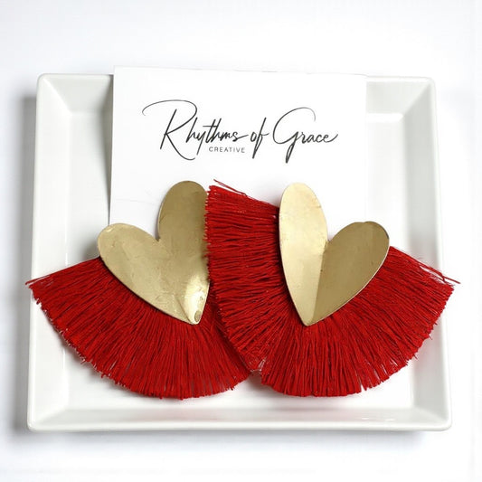 Heart on Fire – Gold & Red Fringe Statement Earrings - Rhythms of Grace Creative