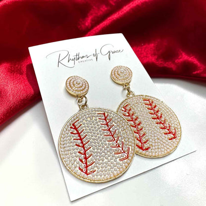 Sparkling Baseball Rhinestone Statement Earrings | Faux Pearl Sports Earrings