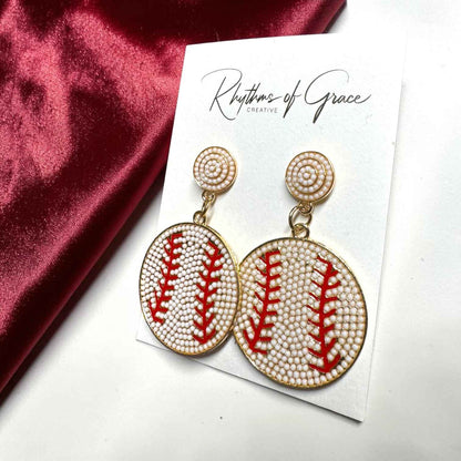 Sparkling Baseball Rhinestone Statement Earrings | Faux Pearl Sports Earrings