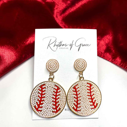 Sparkling Baseball Rhinestone Statement Earrings | Faux Pearl Sports Earrings