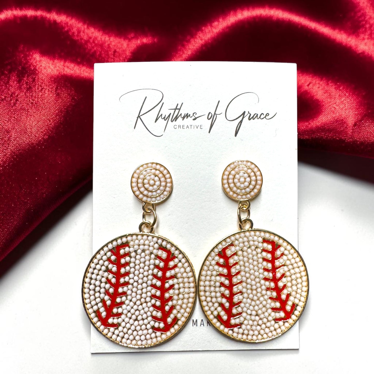 Sparkling Baseball Rhinestone Statement Earrings | Faux Pearl Sports Earrings