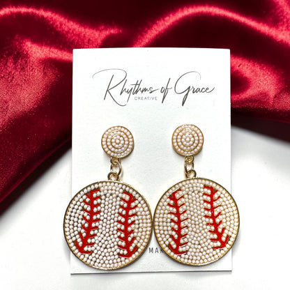 Sparkling Baseball Rhinestone Statement Earrings | Faux Pearl Sports Earrings