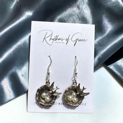 Bird Nest Faux Pearl Egg Dangle Earrings | Nature Inspired Spring Earrings