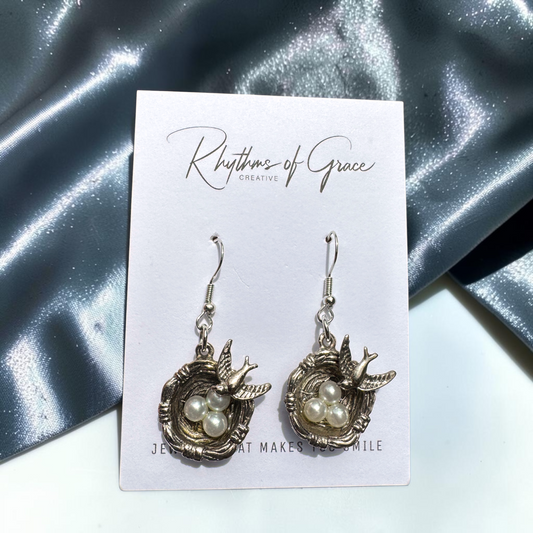 Bird Nest Faux Pearl Egg Dangle Earrings | Nature Inspired Spring Earrings