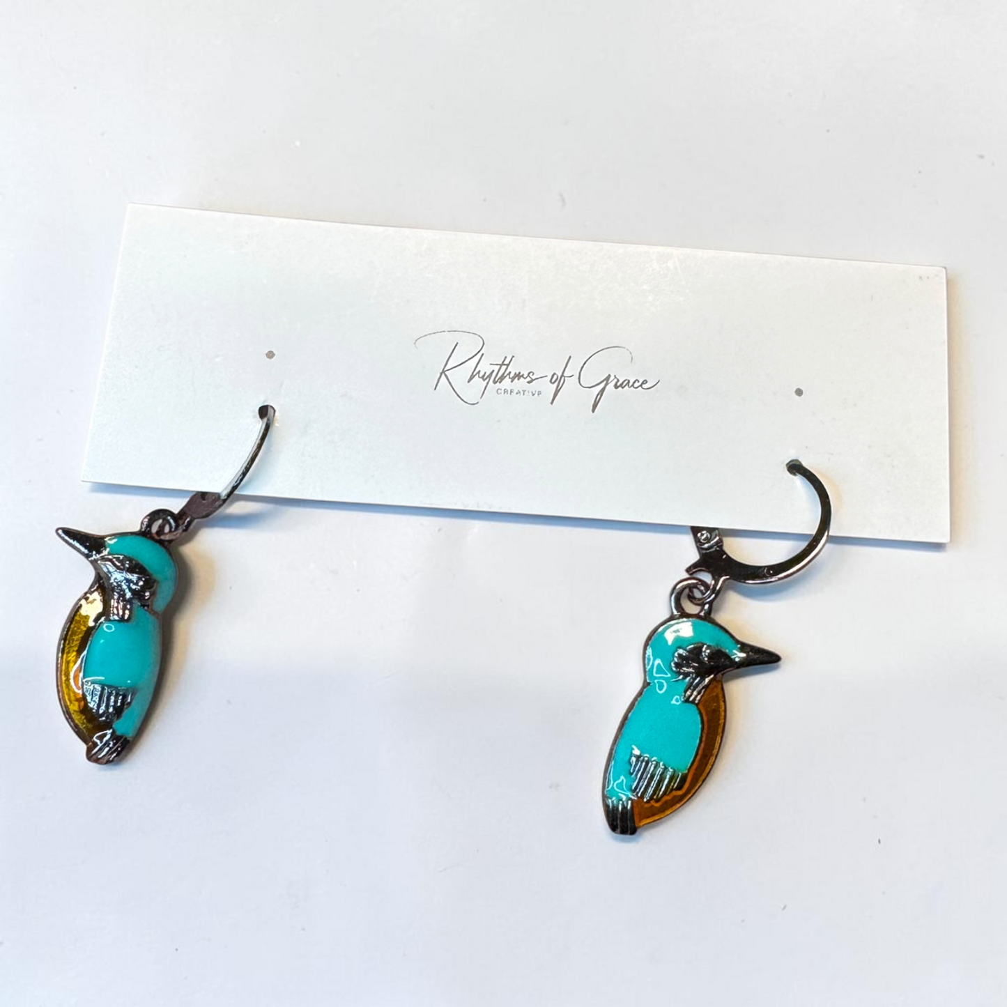 Kingfisher Bird Hoop Earrings | Turquoise Enamel Leverback Earrings | Lightweight Nature Jewelry