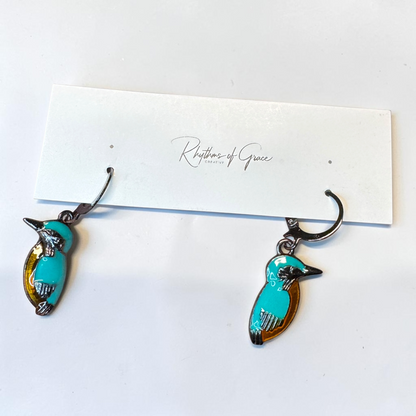 Kingfisher Bird Hoop Earrings | Turquoise Enamel Leverback Earrings | Lightweight Nature Jewelry