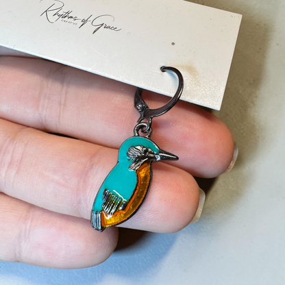 Kingfisher Bird Hoop Earrings | Turquoise Enamel Leverback Earrings | Lightweight Nature Jewelry