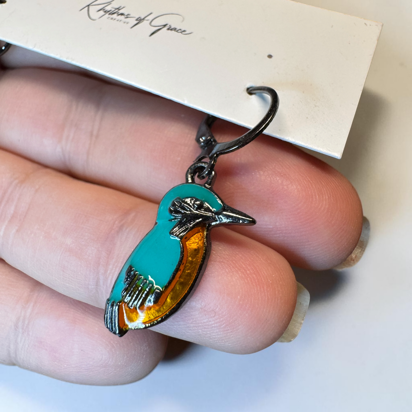Kingfisher Bird Hoop Earrings | Turquoise Enamel Leverback Earrings | Lightweight Nature Jewelry