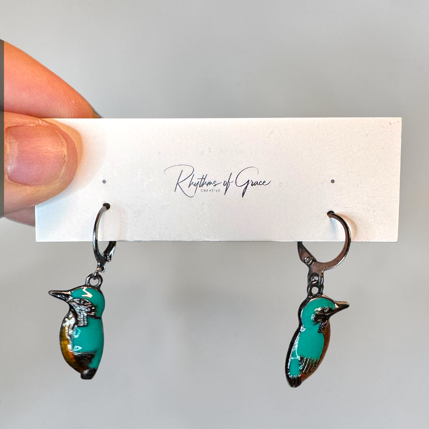 Kingfisher Bird Hoop Earrings | Turquoise Enamel Leverback Earrings | Lightweight Nature Jewelry