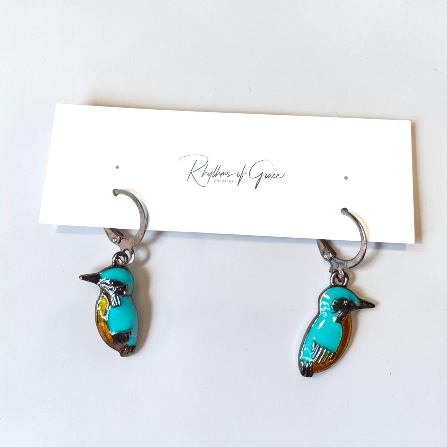 Kingfisher Bird Hoop Earrings | Turquoise Enamel Leverback Earrings | Lightweight Nature Jewelry
