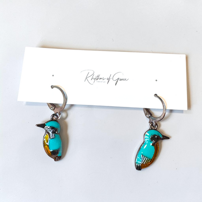 Kingfisher Bird Hoop Earrings | Turquoise Enamel Leverback Earrings | Lightweight Nature Jewelry