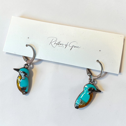 Kingfisher Bird Hoop Earrings | Turquoise Enamel Leverback Earrings | Lightweight Nature Jewelry