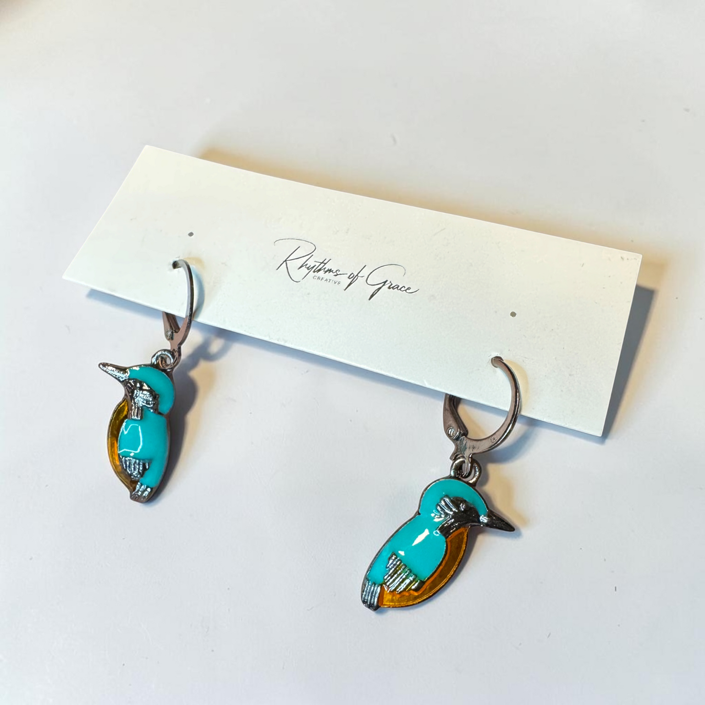 Kingfisher Bird Hoop Earrings | Turquoise Enamel Leverback Earrings | Lightweight Nature Jewelry