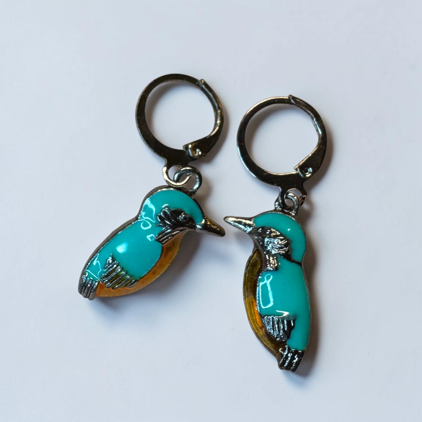 Kingfisher Bird Hoop Earrings | Turquoise Enamel Leverback Earrings | Lightweight Nature Jewelry