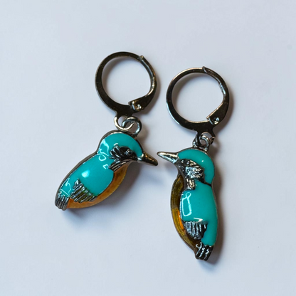 Kingfisher Bird Hoop Earrings | Turquoise Enamel Leverback Earrings | Lightweight Nature Jewelry
