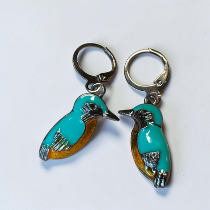 Kingfisher Bird Hoop Earrings | Turquoise Enamel Leverback Earrings | Lightweight Nature Jewelry