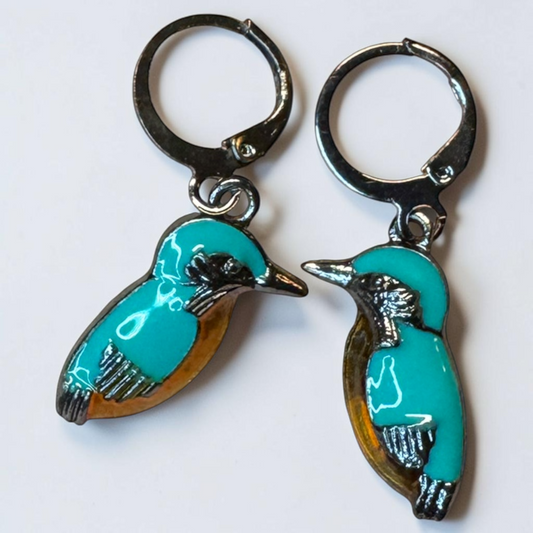 Kingfisher Bird Hoop Earrings | Turquoise Enamel Leverback Earrings | Lightweight Nature Jewelry