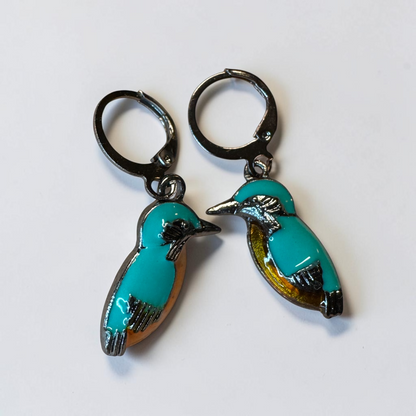 Kingfisher Bird Hoop Earrings | Turquoise Enamel Leverback Earrings | Lightweight Nature Jewelry