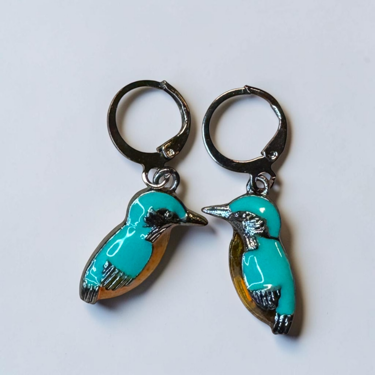 Kingfisher Bird Hoop Earrings | Turquoise Enamel Leverback Earrings | Lightweight Nature Jewelry